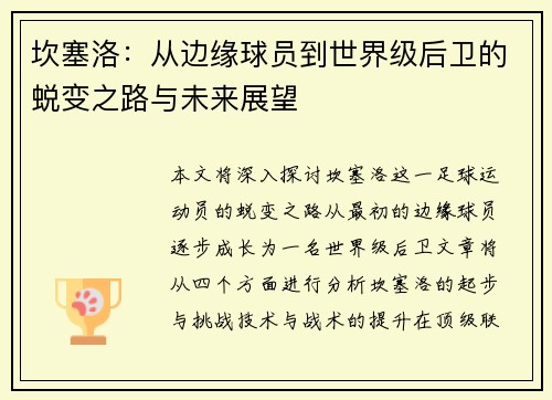 坎塞洛：从边缘球员到世界级后卫的蜕变之路与未来展望